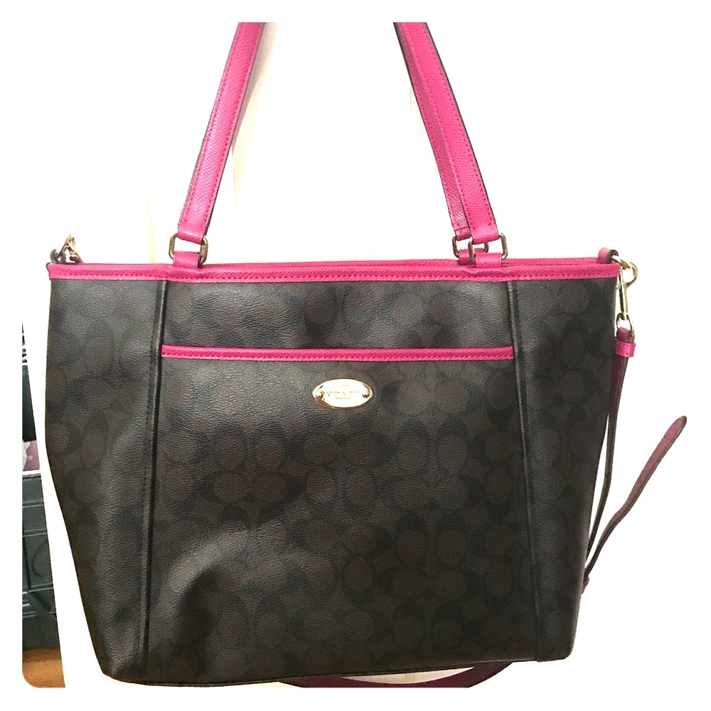 Signature brown leather coach tote pink piping/Int